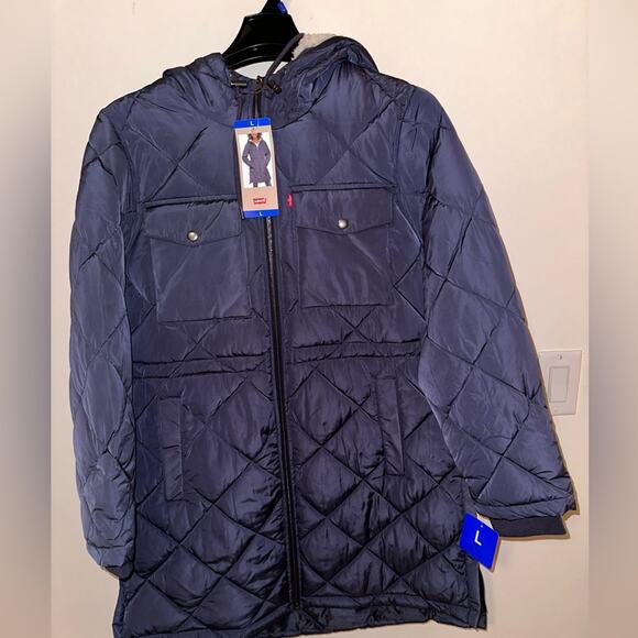 Levi's Women's Soft Sherpa Lined Diamond Quilted Long Blue Parka Jacket New - Picture 4 of 8